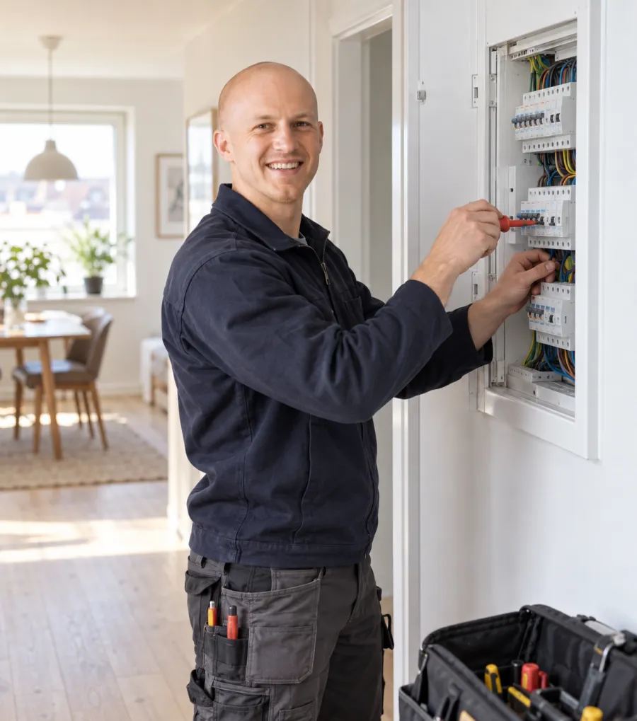 Smiling electrician at an open fuse board